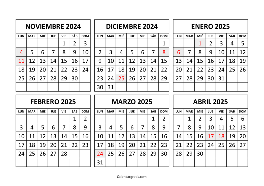 Calendario noviembre 2024 a abril 2025 Argentina