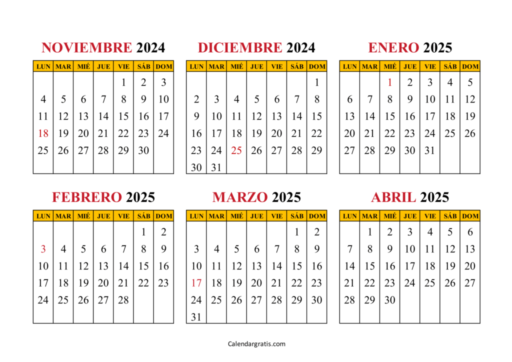 Calendario noviembre 2024 a abril 2025 España