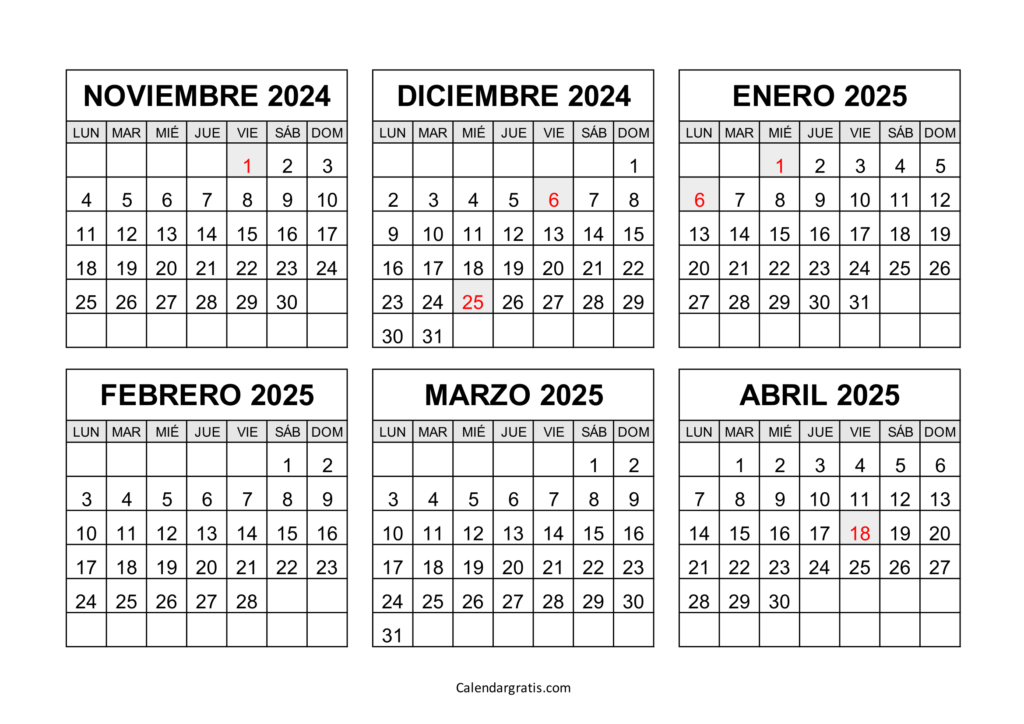 Calendario noviembre 2024 a abril 2025 México