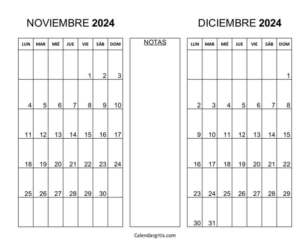 Calendario noviembre diciembre 2024