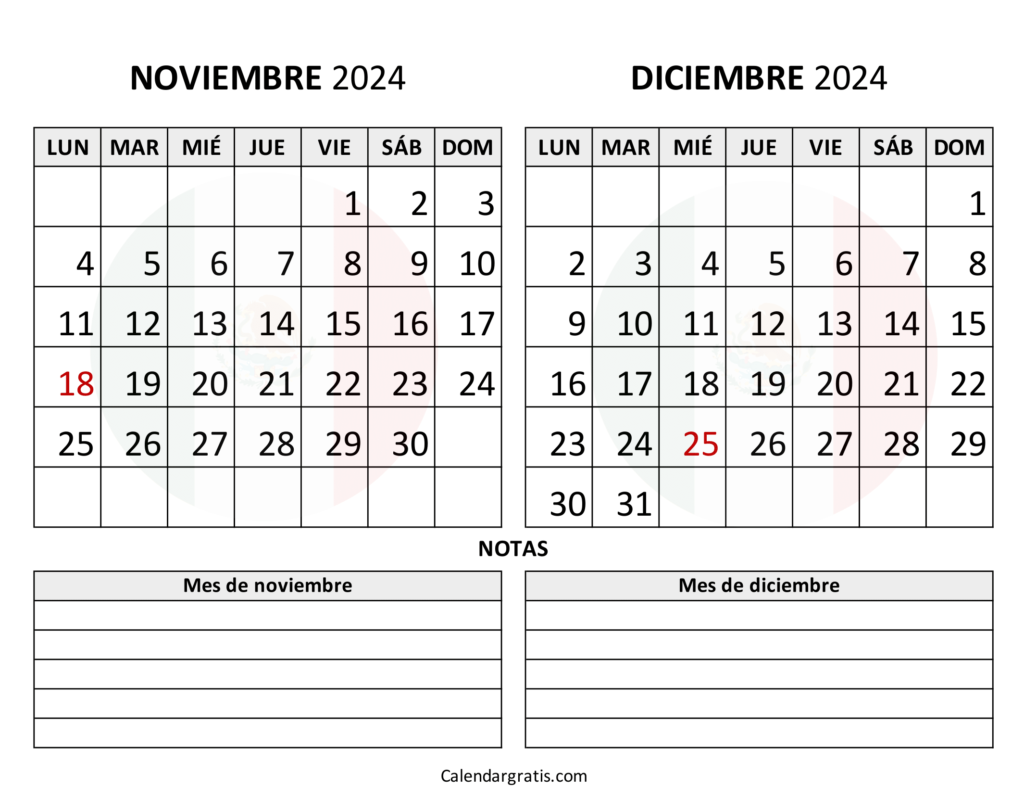 Calendario noviembre diciembre 2024 México