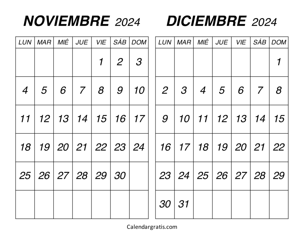 Calendario noviembre diciembre 2024 para imprimir