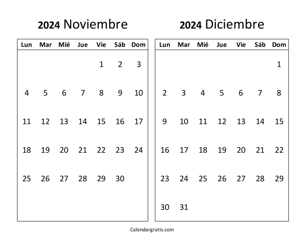 Calendario noviembre diciembre 2024 para imprimir gratis