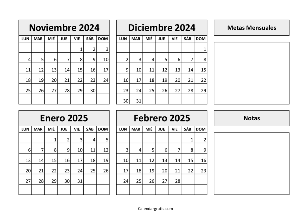 Calendario noviembre diciembre enero febrero 2025