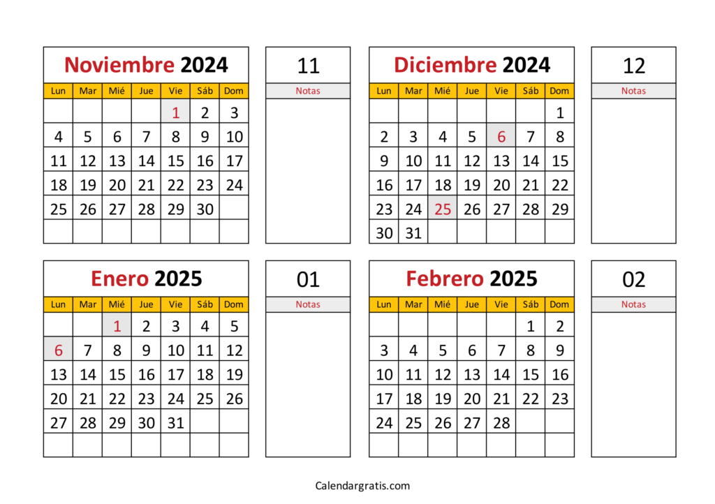 Calendario noviembre diciembre enero febrero 2025 España