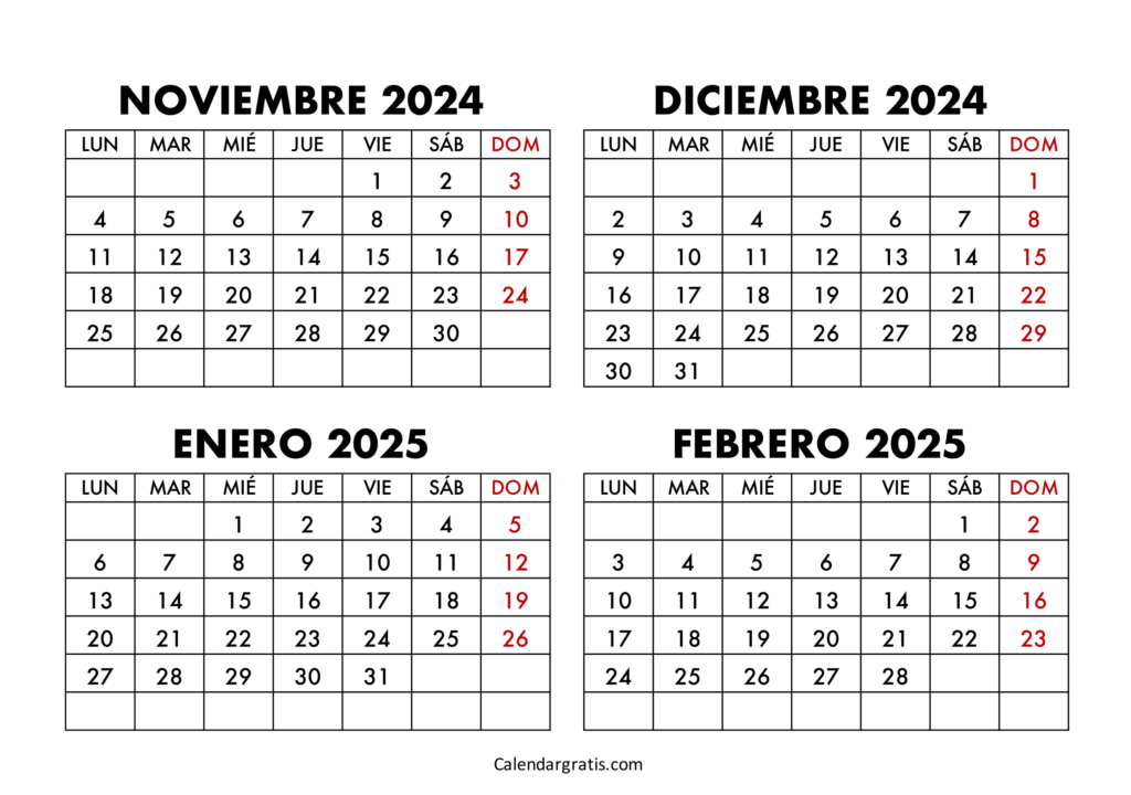 Calendario noviembre diciembre enero febrero 2025 gratis