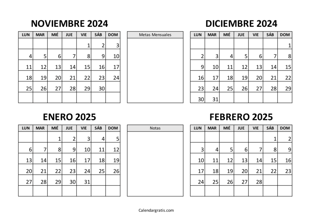 Calendario noviembre diciembre enero febrero 2025 para imprimir