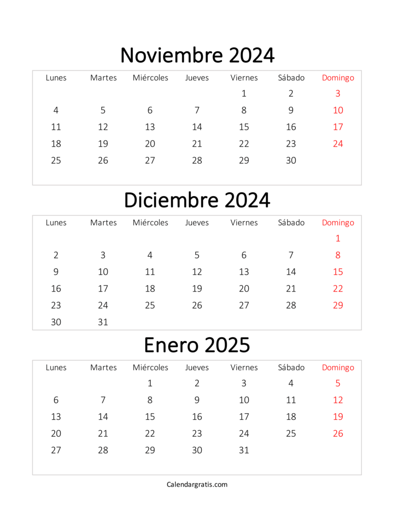 Calendario noviembre diciembre y enero 2025