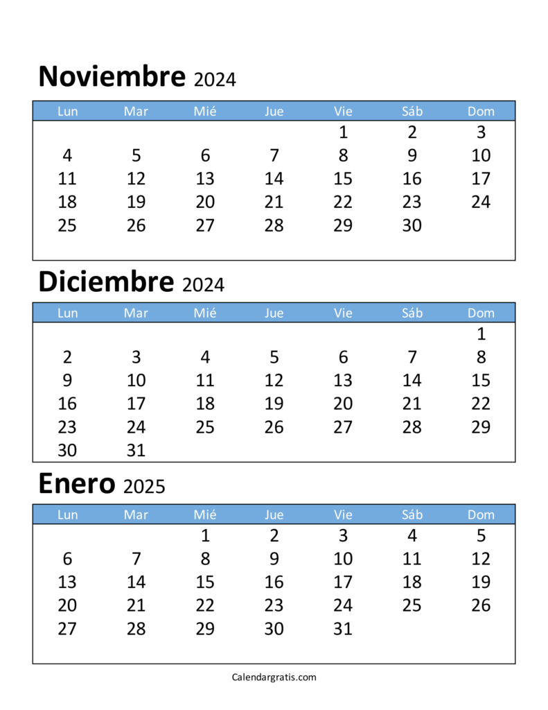 Calendario noviembre diciembre y enero 2025 Argentina