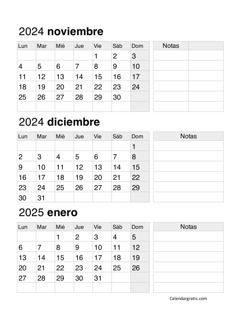 Calendario noviembre diciembre y enero 2025 gratis