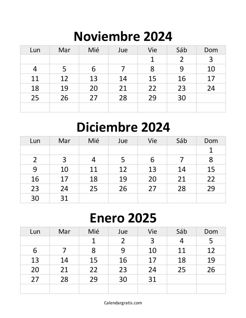 Calendario noviembre diciembre y enero 2025 para imprimir