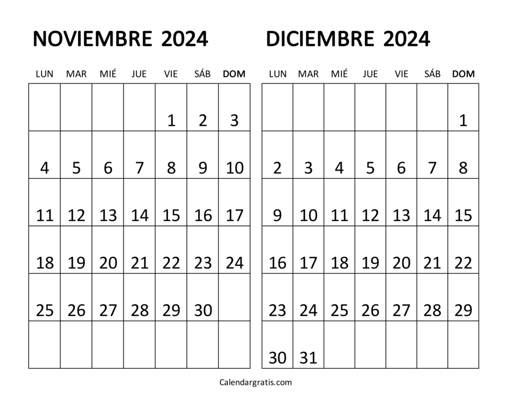 Calendario noviembre y diciembre 2024