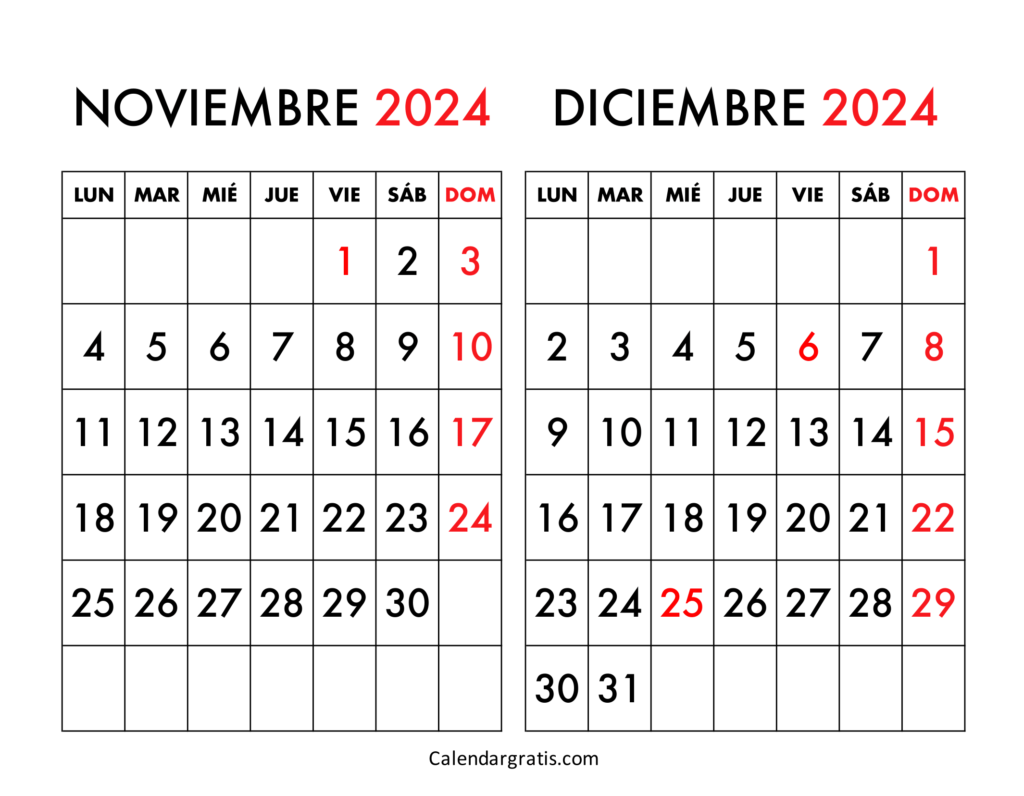 Calendario noviembre y diciembre 2024 España