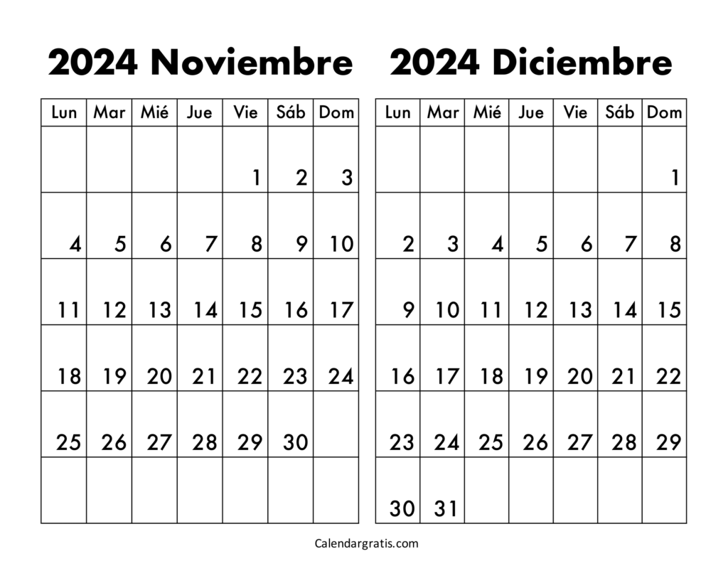 Calendario noviembre y diciembre 2024 para imprimir