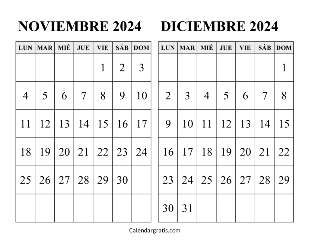 Calendario noviembre y diciembre 2024 para imprimir gratis