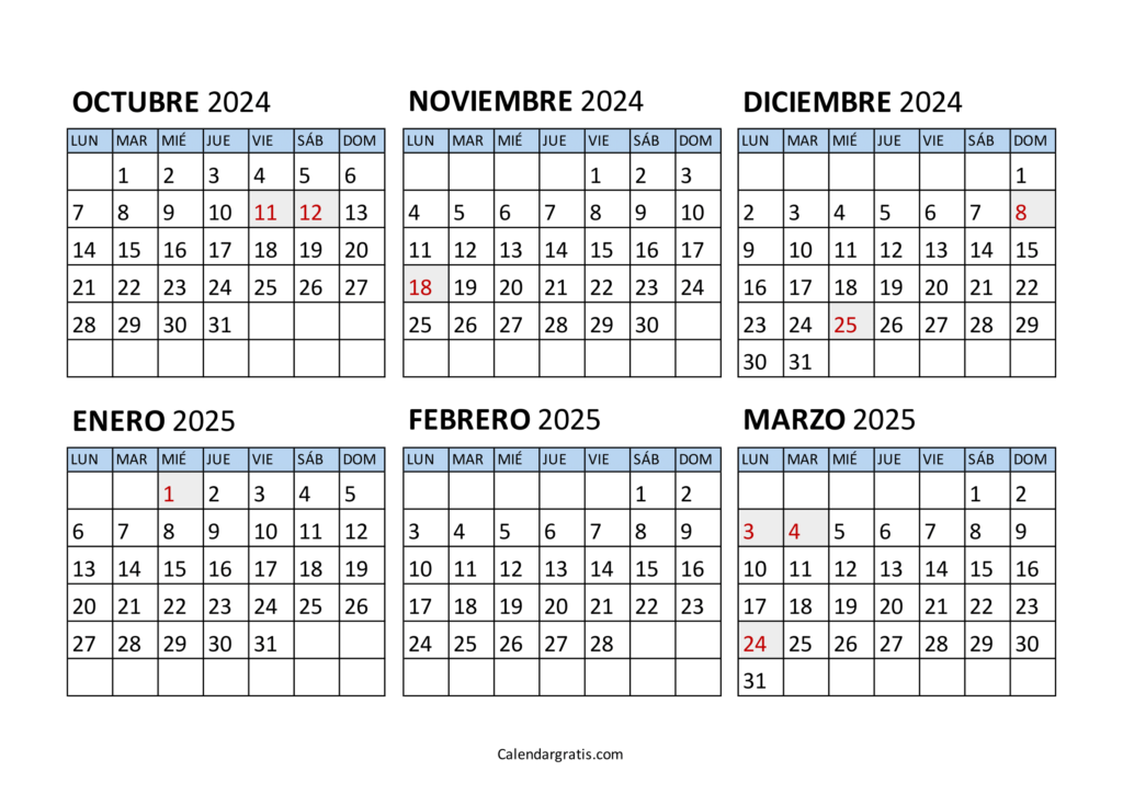 Calendario octubre 2024 a marzo 2025 Argentina