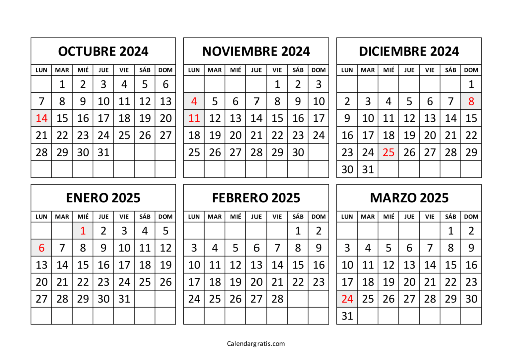 Calendario octubre 2024 a marzo 2025 Colombia