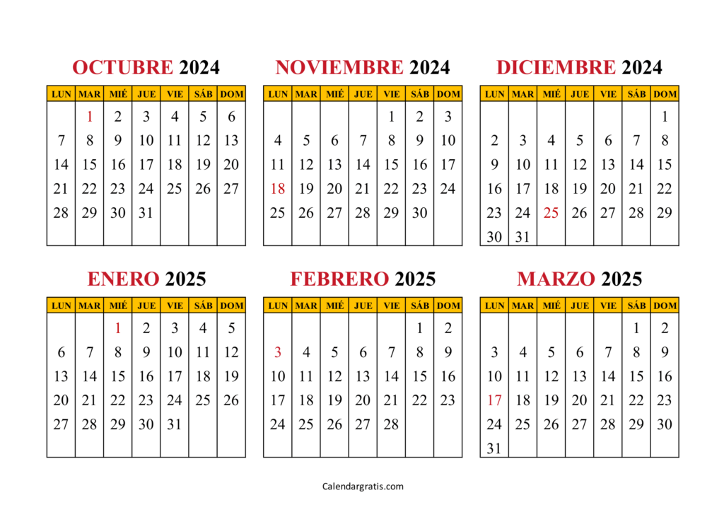 Calendario octubre 2024 a marzo 2025 España