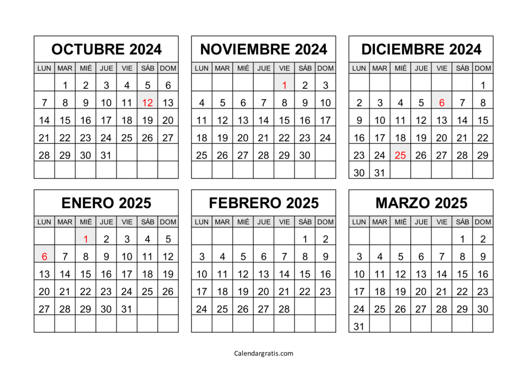 Calendario octubre 2024 a marzo 2025 México