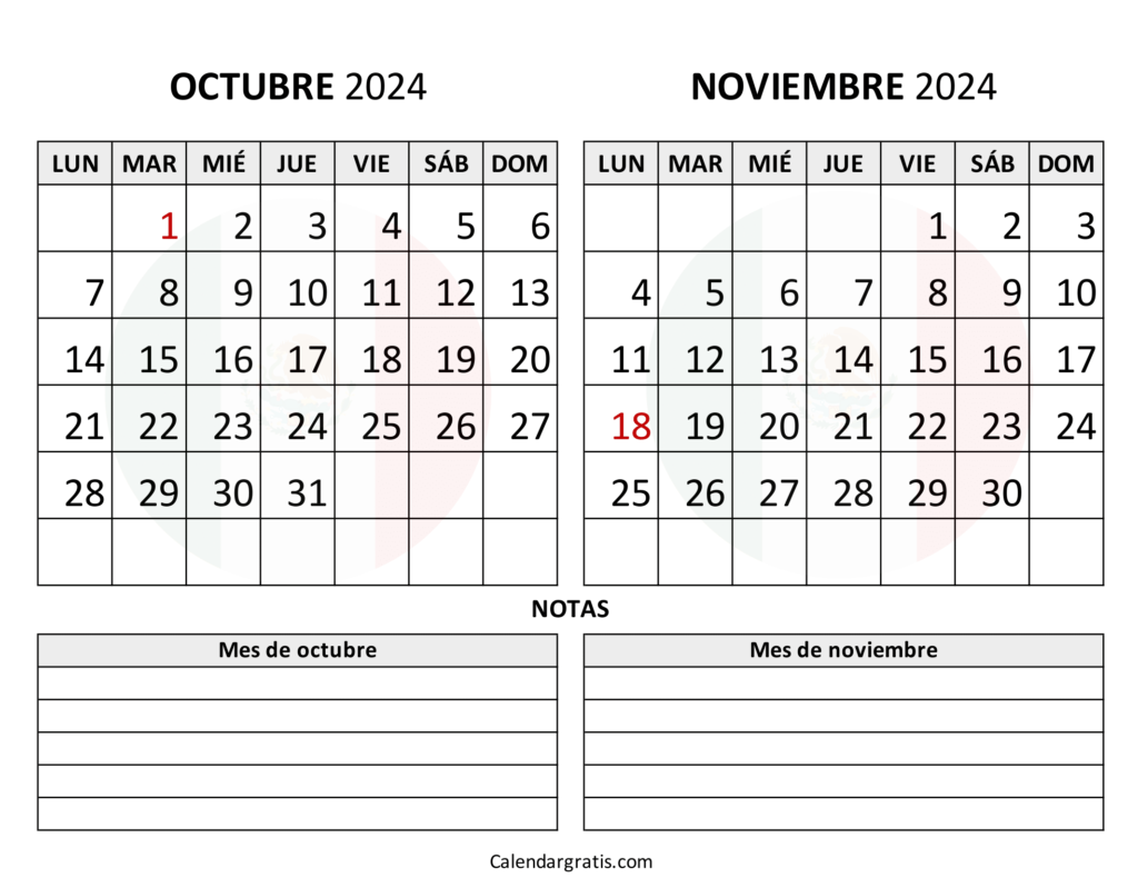 Calendario octubre noviembre 2024 México