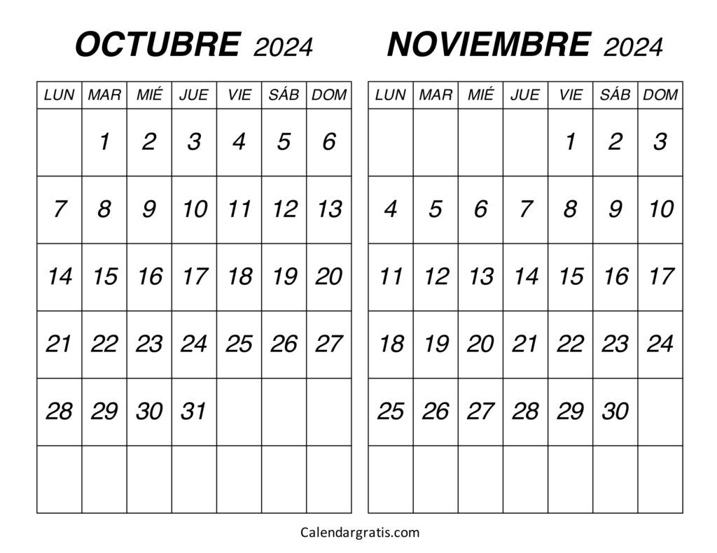 Calendario octubre noviembre 2024 para imprimir