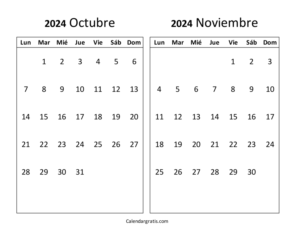 Calendario octubre noviembre 2024 para imprimir gratis