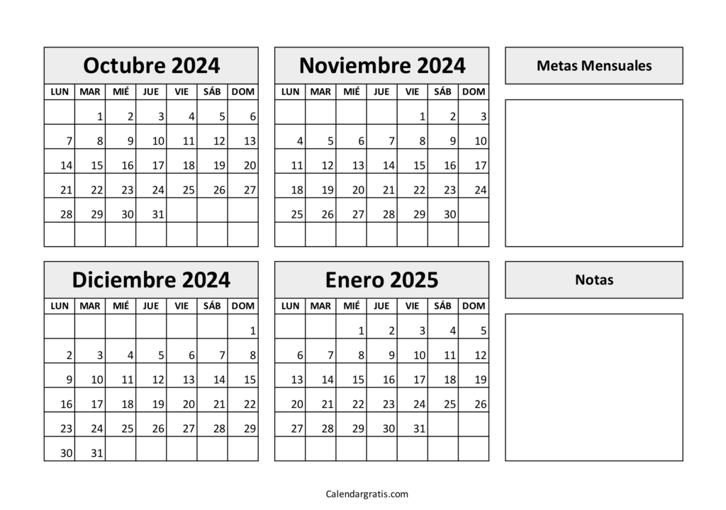 Calendario octubre noviembre diciembre enero 2025