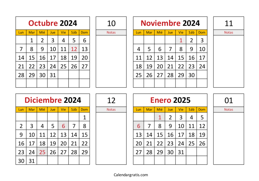 Calendario octubre noviembre diciembre enero 2025 España