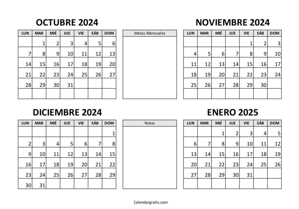 Calendario octubre noviembre diciembre enero 2025 para imprimir