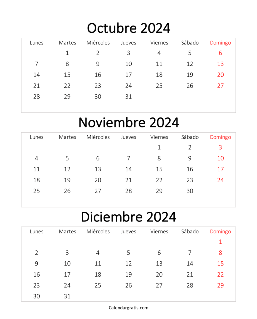 Calendario octubre noviembre y diciembre 2024