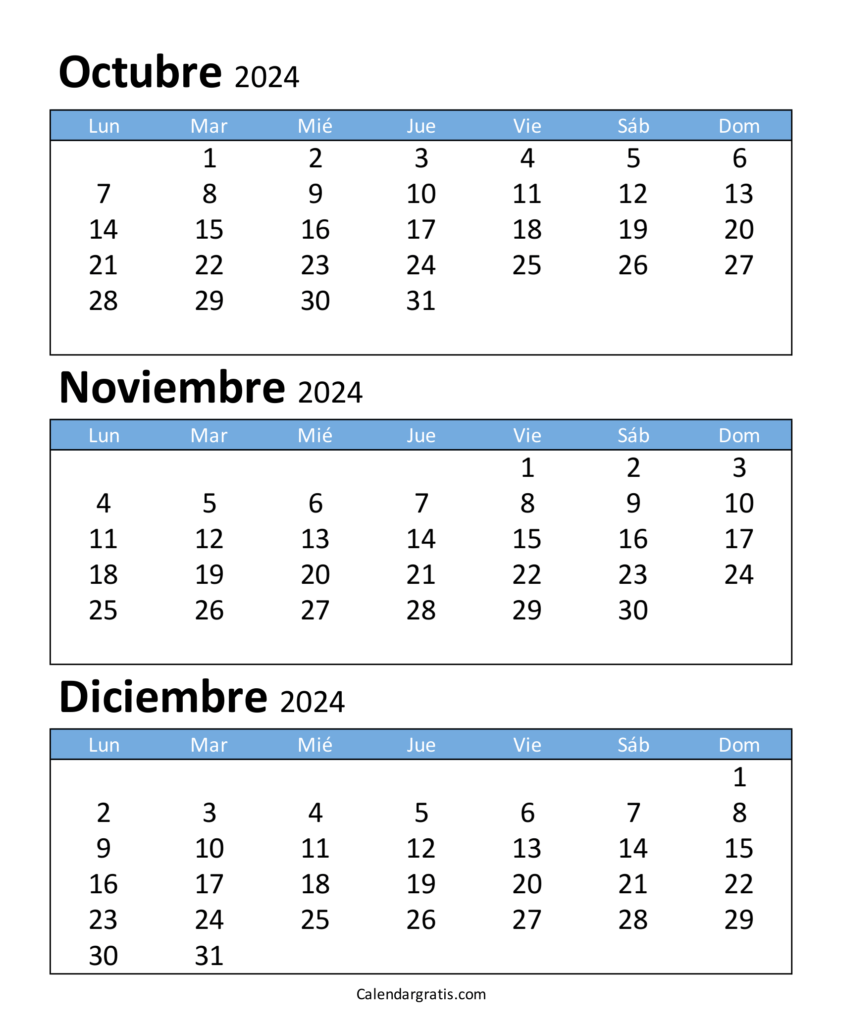 Calendario octubre noviembre y diciembre 2024 Argentina