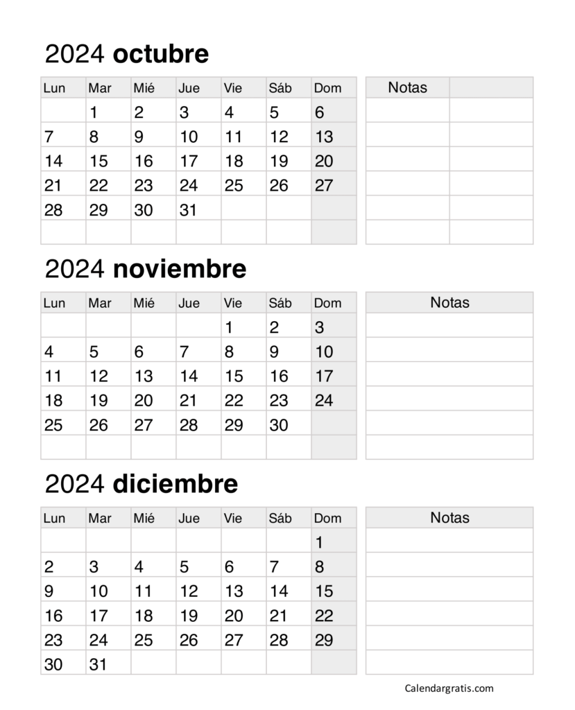 Calendario octubre noviembre y diciembre 2024 gratis