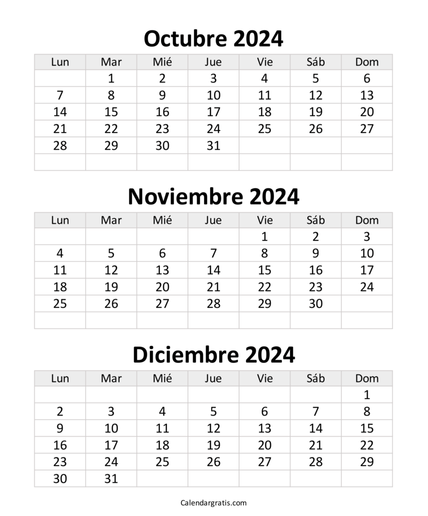 Calendario octubre noviembre y diciembre 2024 para imprimir