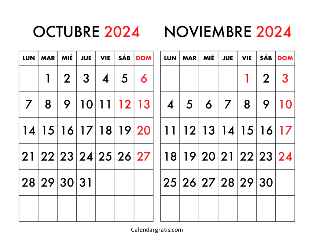 Calendario octubre y noviembre 2024 España