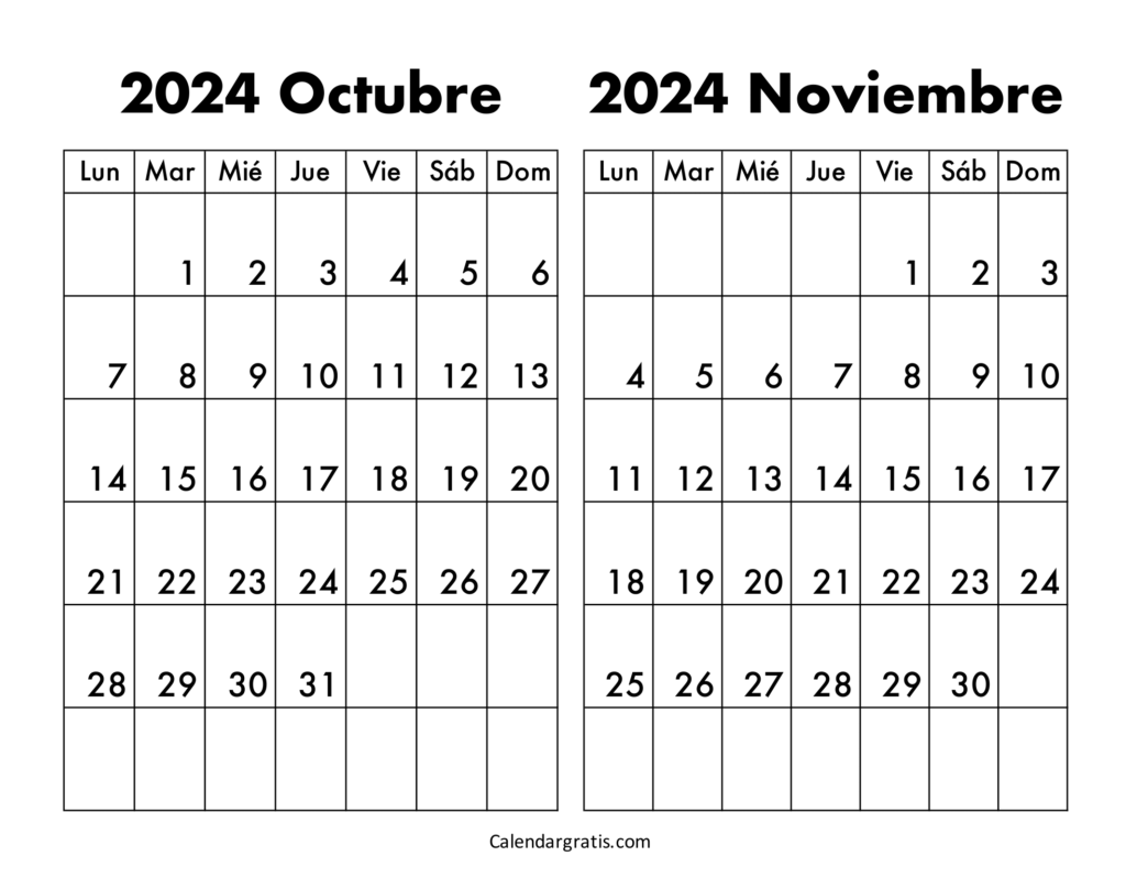 Calendario octubre y noviembre 2024 para imprimir