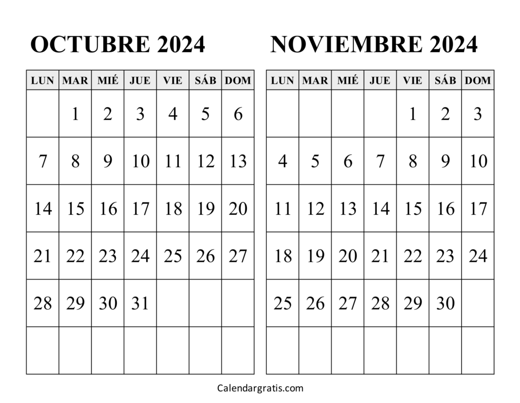 Calendario octubre y noviembre 2024 para imprimir gratis