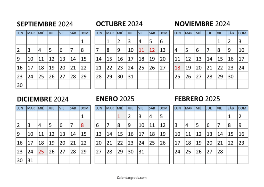 Calendario septiembre 2024 a febrero 2025 Argentina