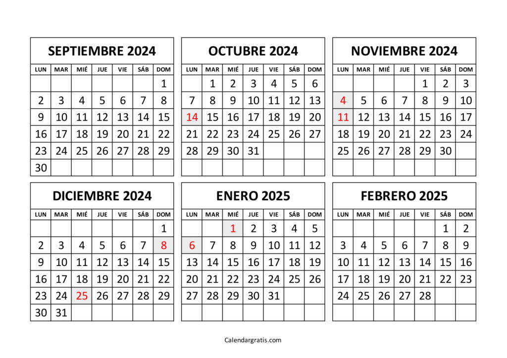 Calendario septiembre 2024 a febrero 2025 Colombia