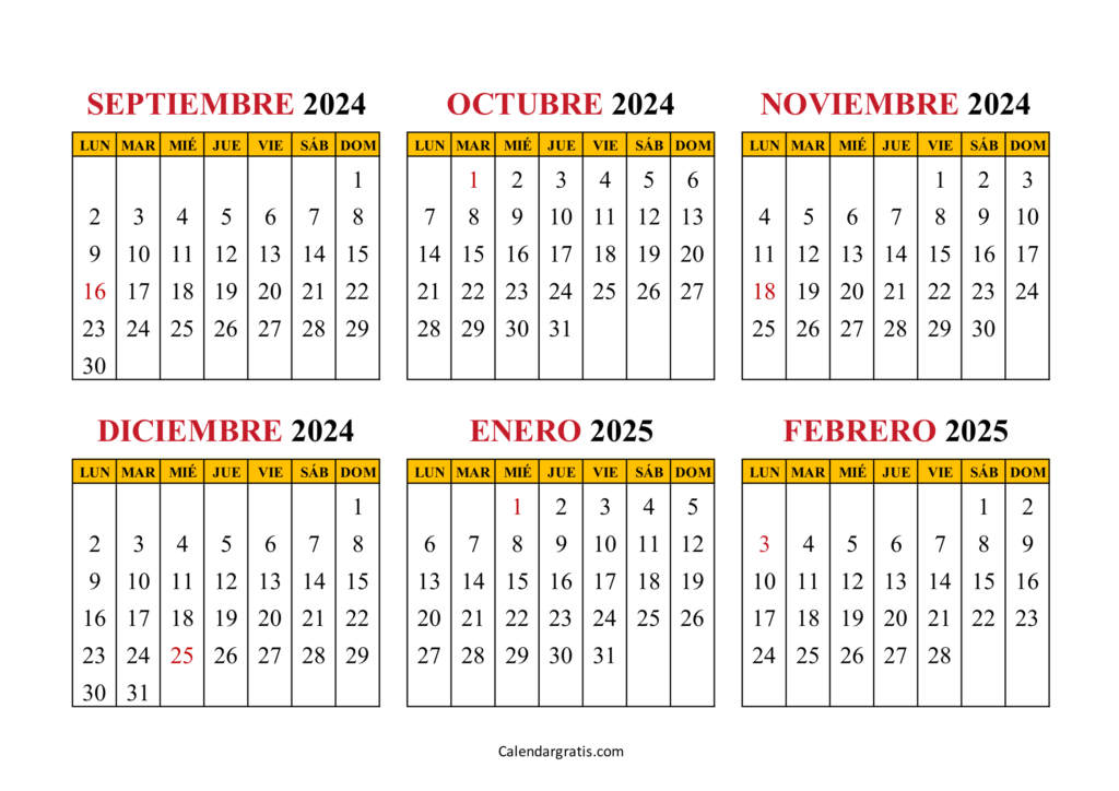 Calendario septiembre 2024 a febrero 2025 España