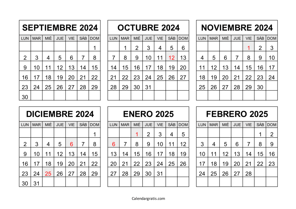 Calendario septiembre 2024 a febrero 2025 México