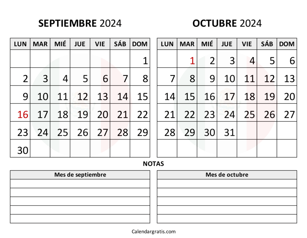 Calendario septiembre octubre 2024 México