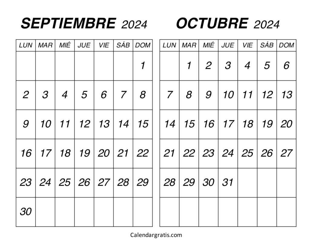 Calendario septiembre octubre 2024 para imprimir