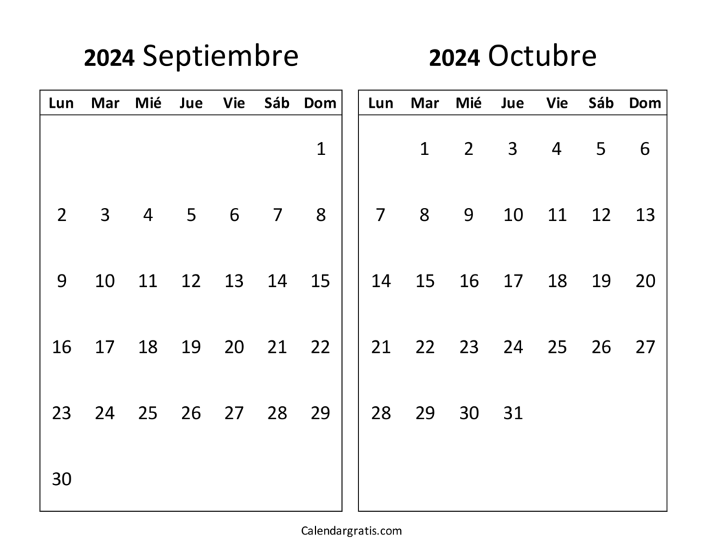 Calendario septiembre octubre 2024 para imprimir gratis