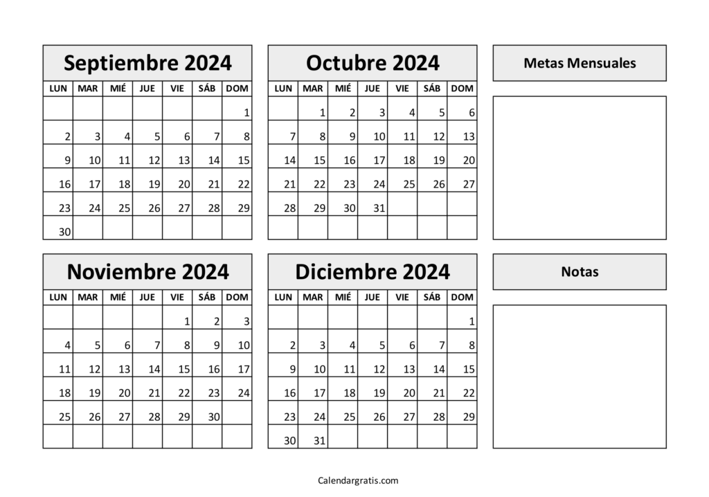 Calendario septiembre octubre noviembre diciembre 2024