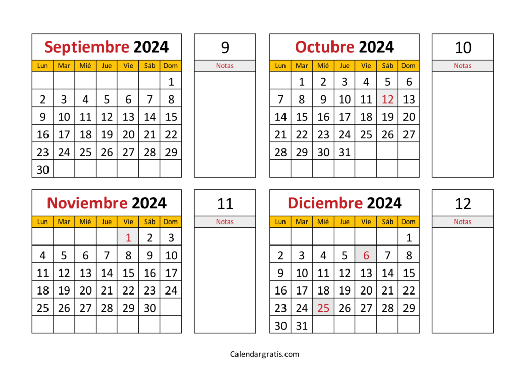 Calendario septiembre octubre noviembre diciembre 2024 España