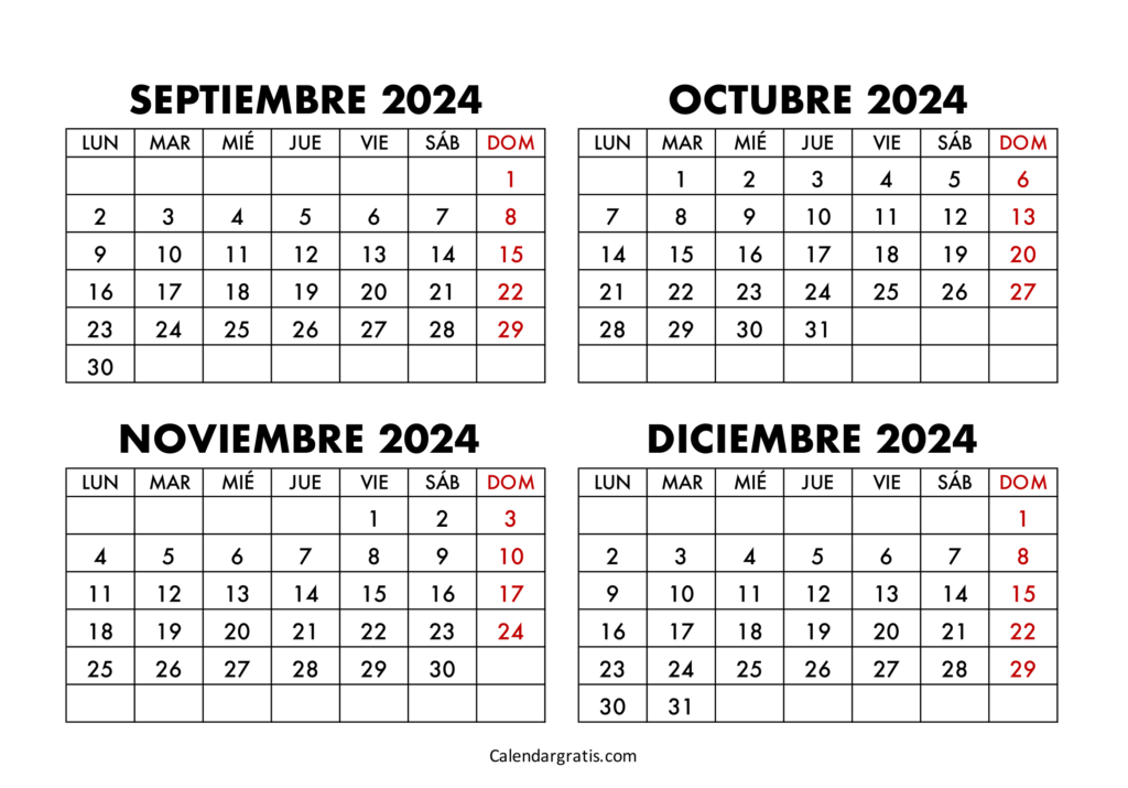 Calendario septiembre octubre noviembre diciembre 2024 gratis