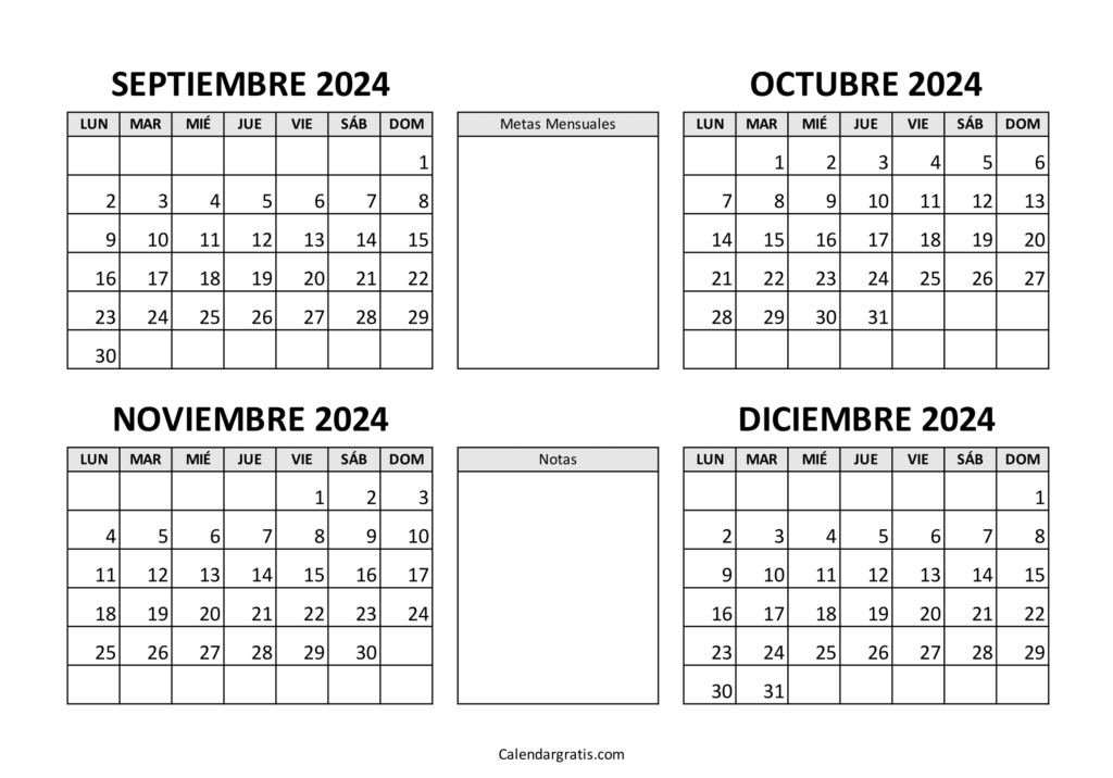 Calendario septiembre octubre noviembre diciembre 2024 para imprimir