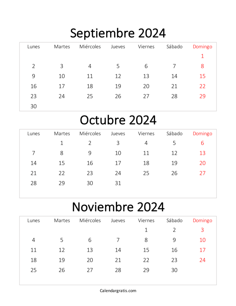 Calendario septiembre octubre y noviembre 2024