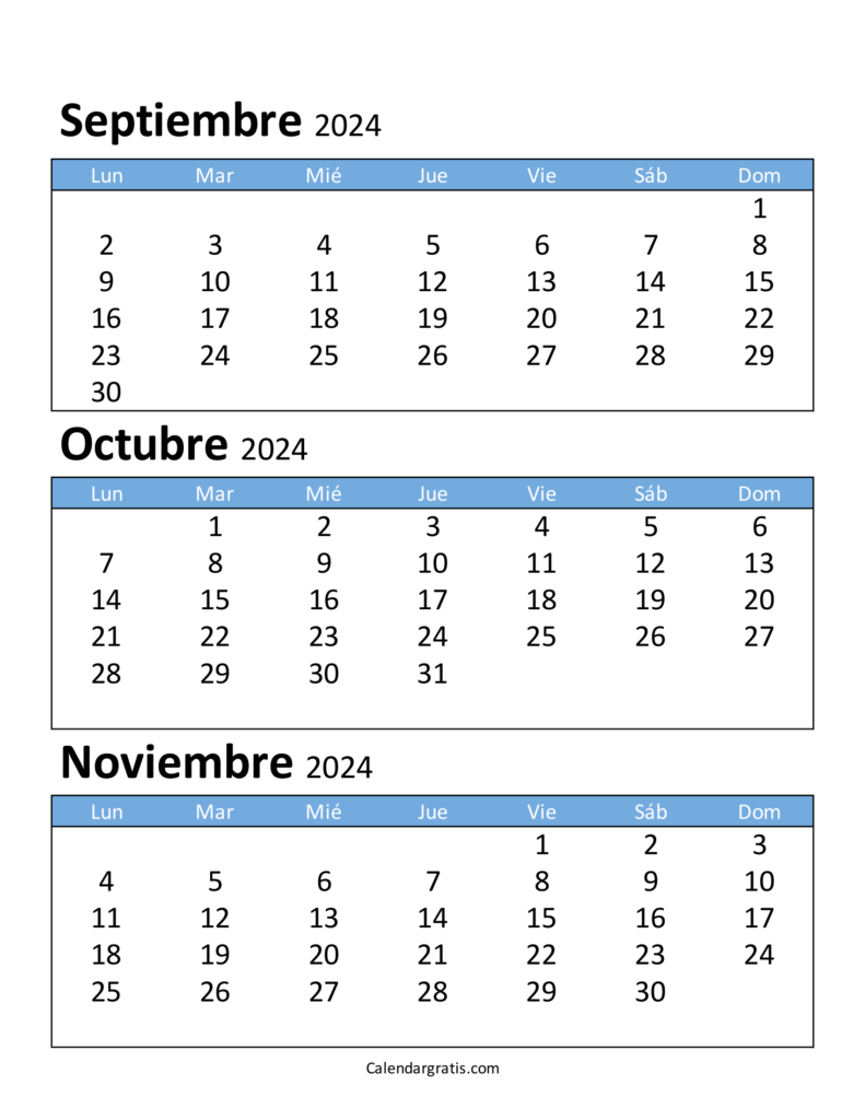 Calendario septiembre octubre y noviembre 2024 Argentina