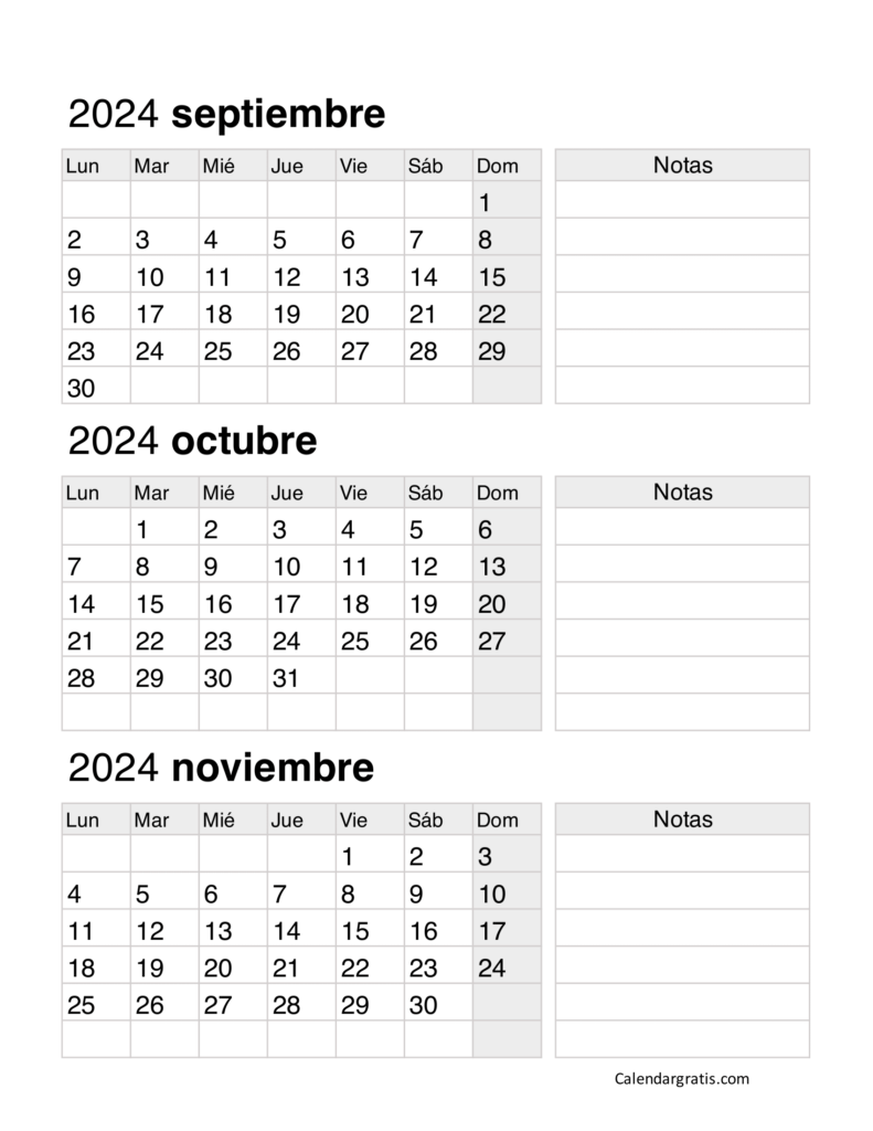 Calendario septiembre octubre y noviembre 2024 gratis